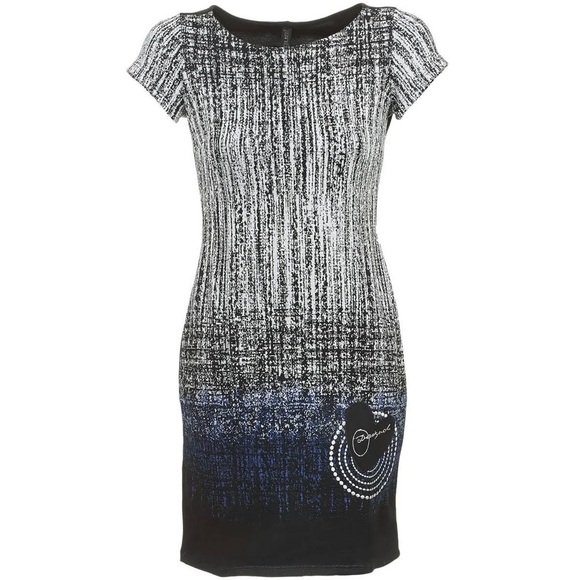 Desigual Women's Black Blue Heart Print Short Sleeve Sheath Dress Size small - Picture 1 of 9